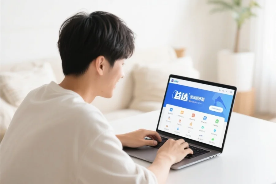 一位年轻用户在明亮舒适的室内环境中愉快地使用笔记本电脑,屏幕上展示安信16客户端新版界面